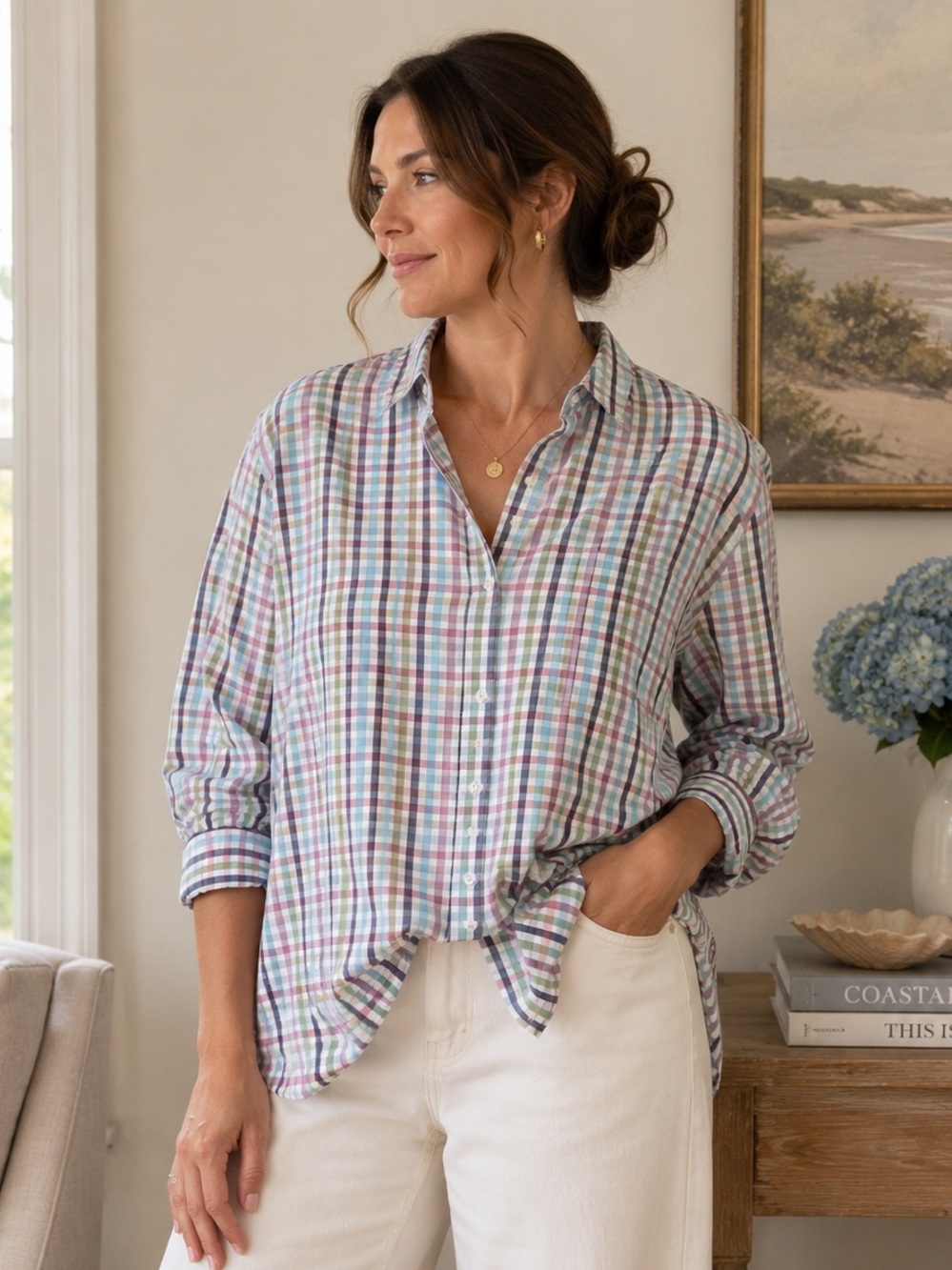 L.L.Bean Wrinkle Free Pastel Plaid Button Down Shirt XL Regular Boxy Relax Fit